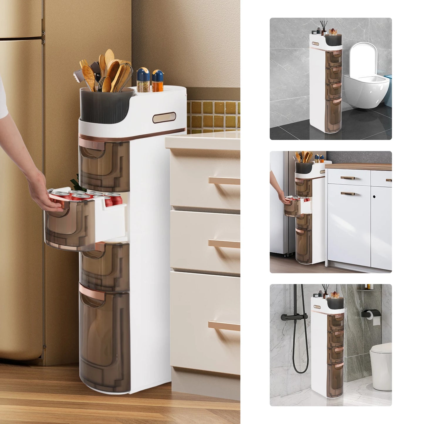 4-Drawer Slim Bathroom Storage Cart Mobile Freestanding PP Organizer White Tawny for Home Office Dorm