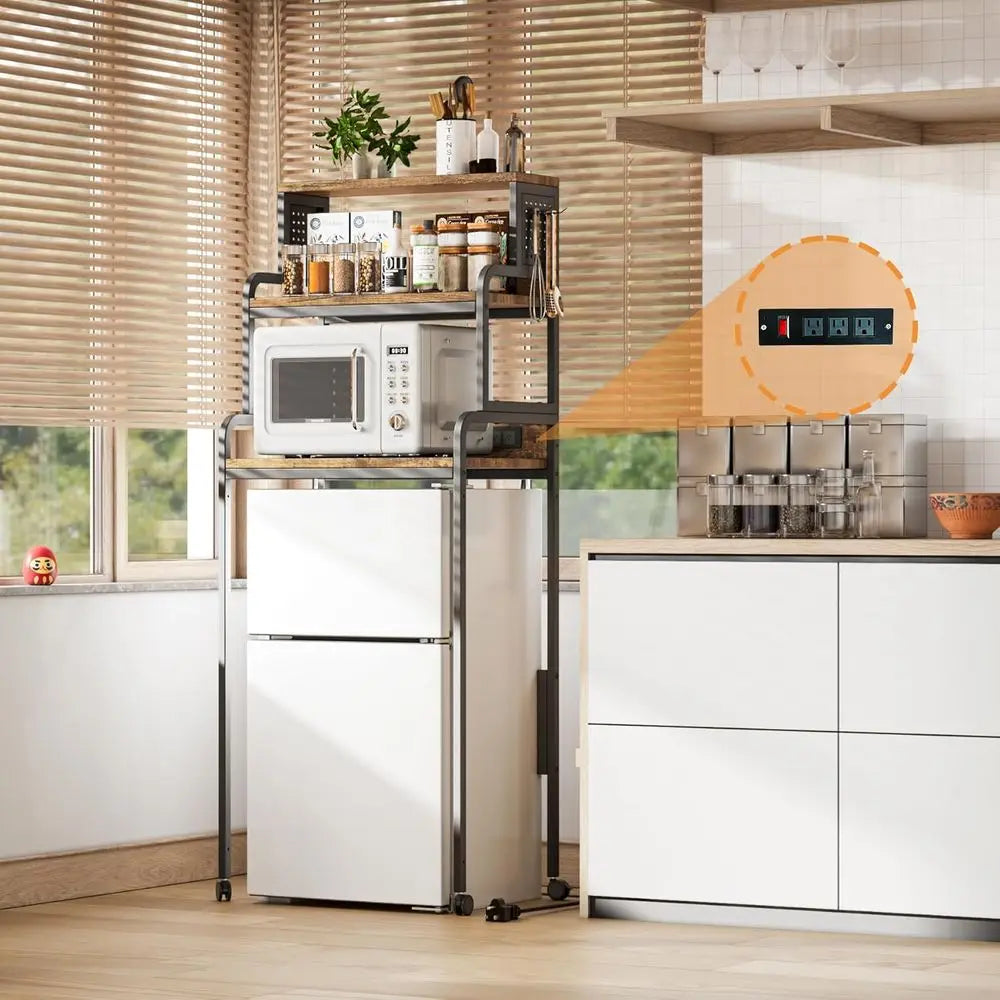 4-Tier Mini ridge Stand with Storage,Mini ridge Cabinet with Power Outlet,Pegboard,Bakers Rack with Storage Shel,Microwave Oven