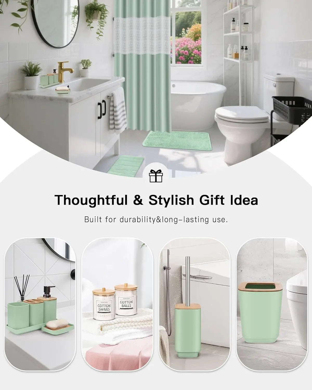 24-Piece Green Bathroom Set with Shower Curtain & Trash Can, Space-Saving Décor for Home, Dorm, Hotel