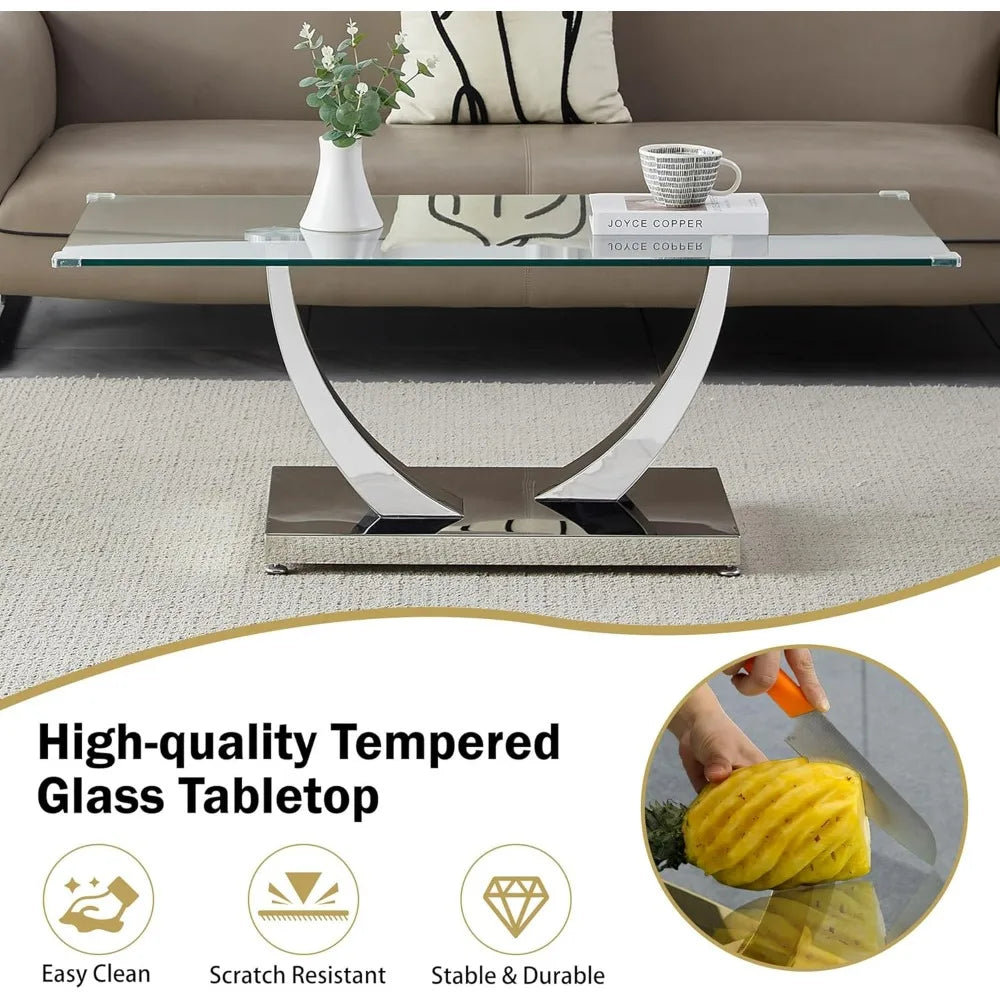 47" Clear Glass Coffee Table, Modern Silver Mirror Coffee Table with U-Shape Stainless Steel Legs, Tea Table, Luxury Rectangle C