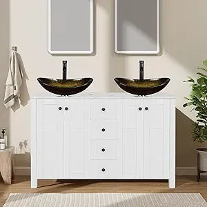 48" White Bathroom Vanity with Marble Texture Top and 4 Drawers, Modern Standing Pedestal Cabinet with Two Boat Silver Glass Ves