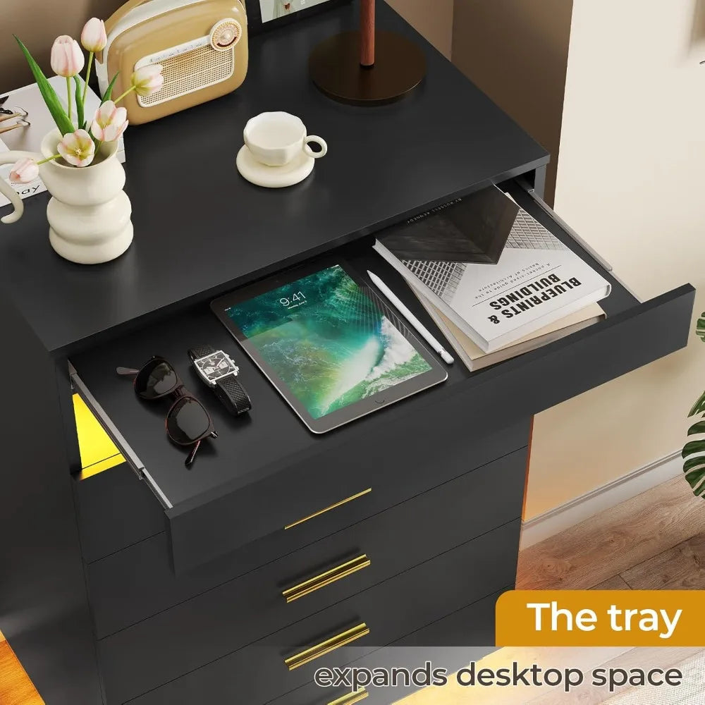 Black Dresser With LED Lights, Floating Tall Dresser With 5 Large Drawers & Open Storage Space & Pull Out Tray, Wood Chest Of Dr