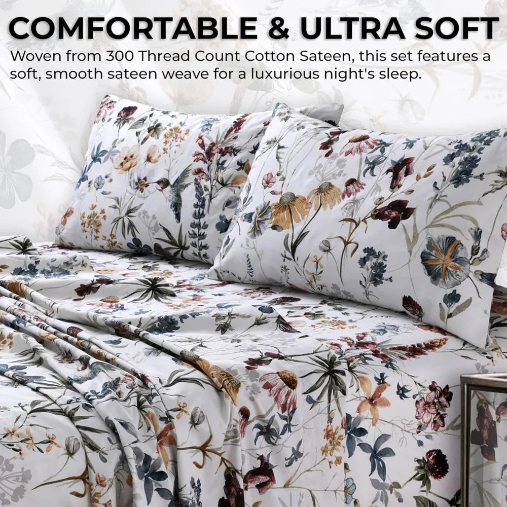 Tribeca Living Queen Bed Sheet Set, 300 Thread Count Soft Cotton Sateen, Floral Print with Extra Deep Pockets, 4-Piece Bedding S