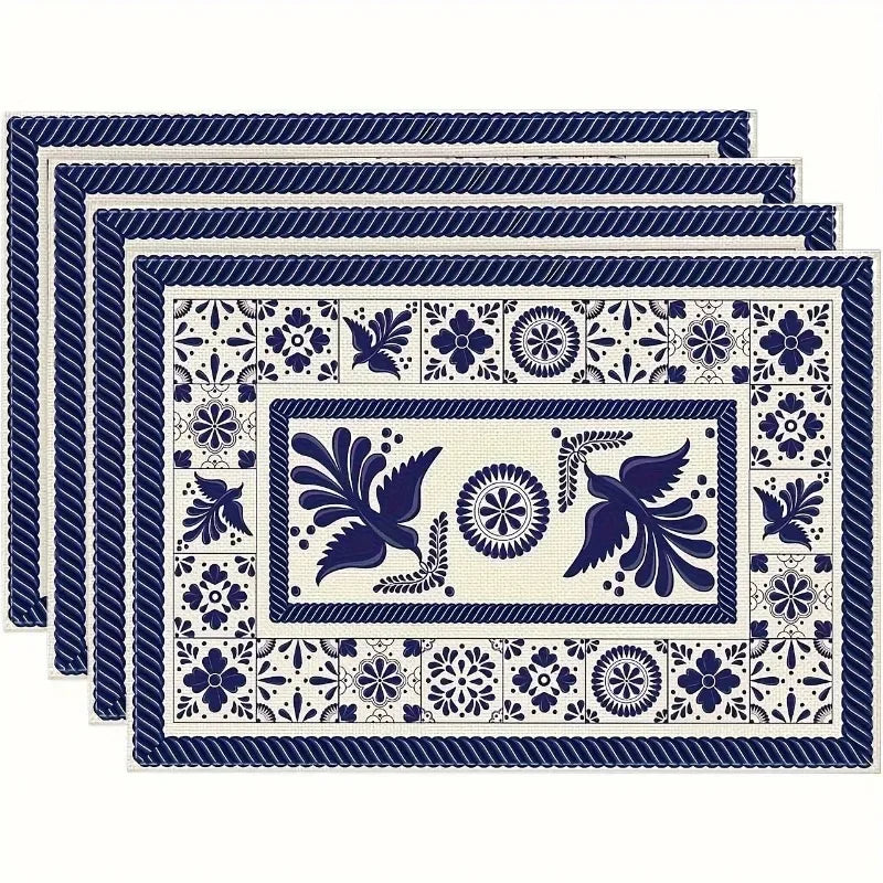4PC Meal Mats Ceramic Floral Phoenix Carnival Mexican Mat Table Pads Non Slip Heat Resistant Place Dining Mat for Farmhouse