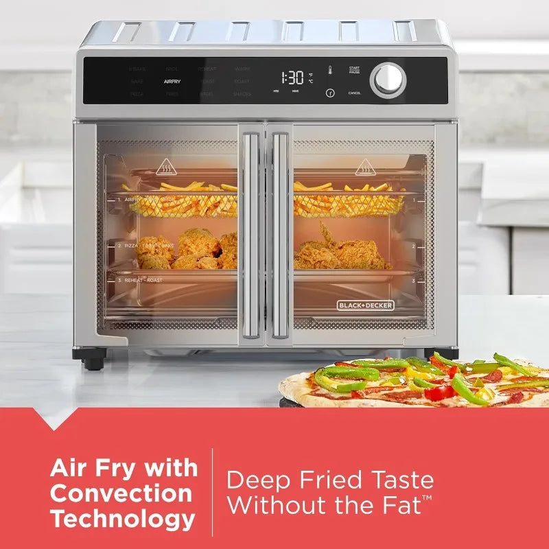 BLACK+DECKER Air Fryer Toaster Oven Combo, 12 in 1 Countertop Convection Oven,Fits a Whole Pizza or 6 Toast Slices, French Doors