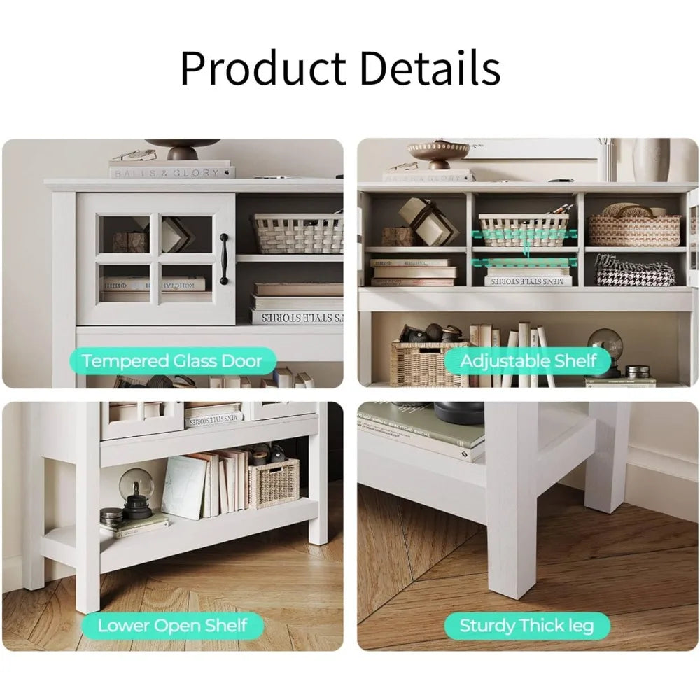 46“ Console Table with Sliding Glass Doors, Coffee Bar, Modern Entryway Table with Storage Shelf, Sofa Table Behind Couch, Buff