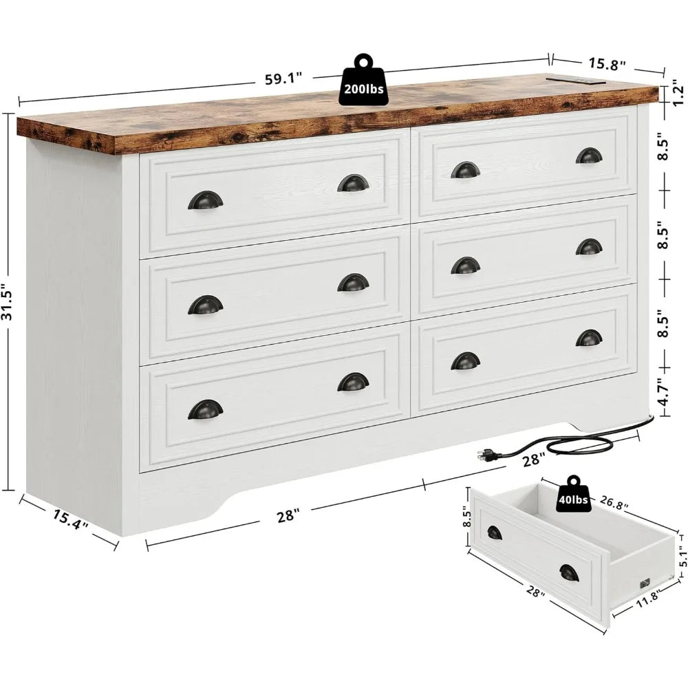 59 6 Drawers Dresser for Bedroom, Power Strip, Farmhouse Large Wood Dressers & Chest of Drawers with Wide Storage Cabine