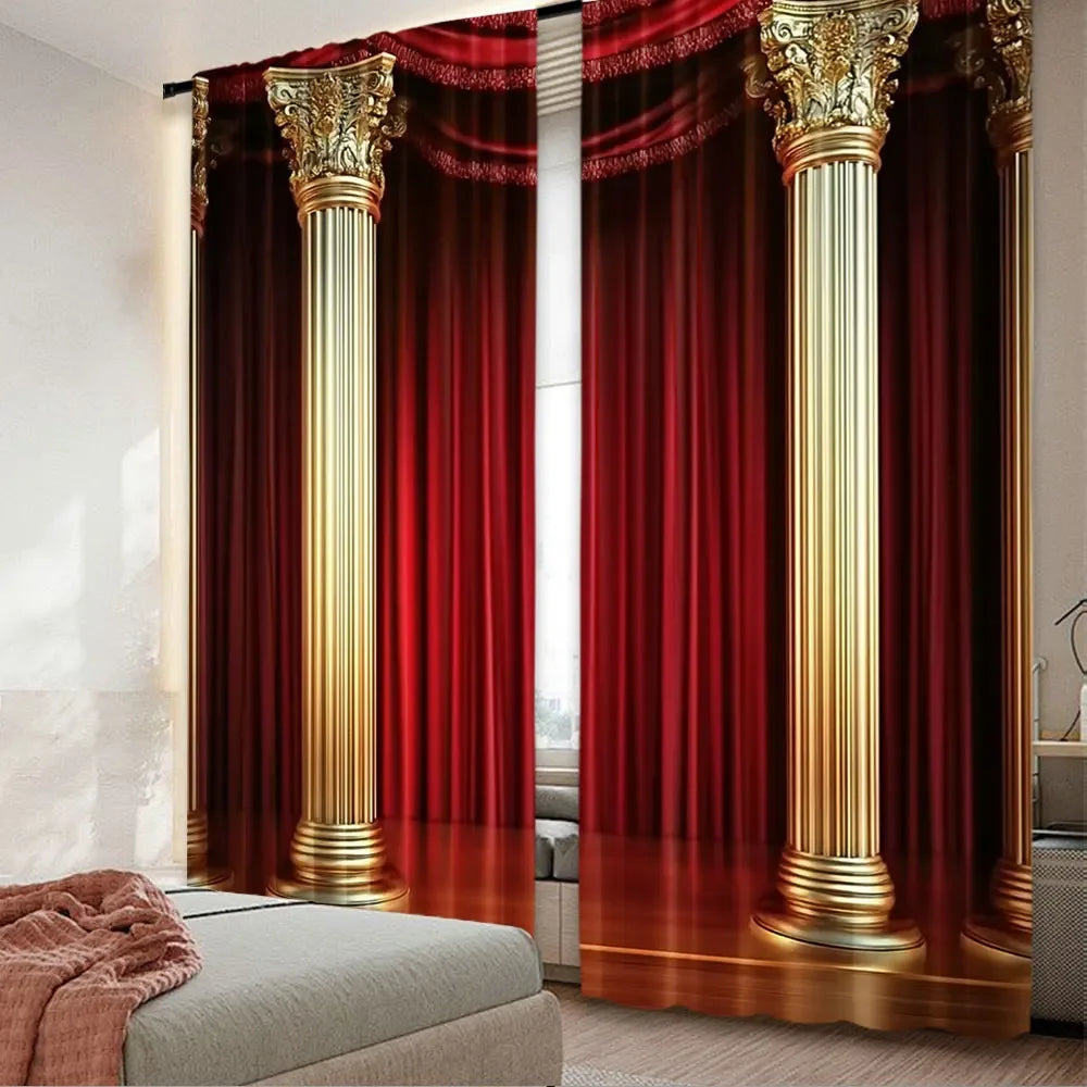 2Pcs Red Curtains With Golden Pillars Pattern Curtains For Window Decoration Suitable For All Seasons For Bedrooms Kitchens