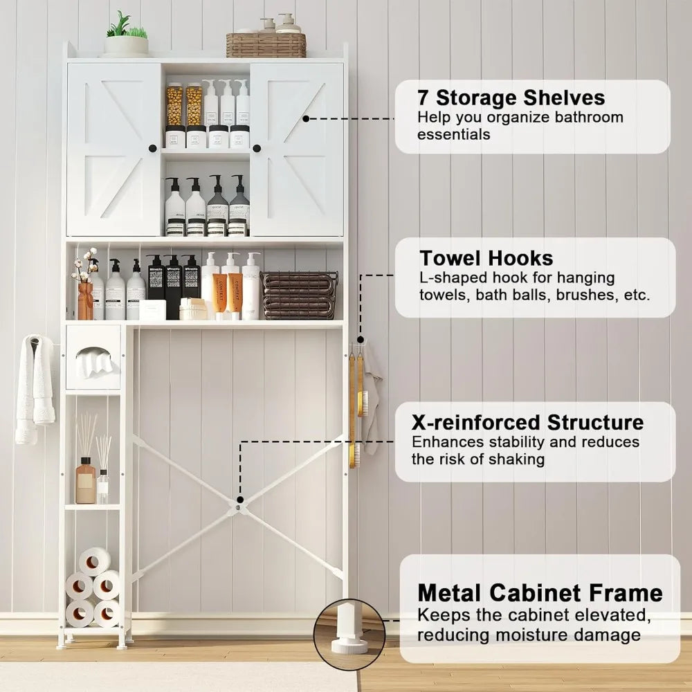 32W Over The Toilet Storage Cabinet with Metal Frame and 7 Storage Shelves, Bathroom Organizer with Adjustable Shelves and Paper