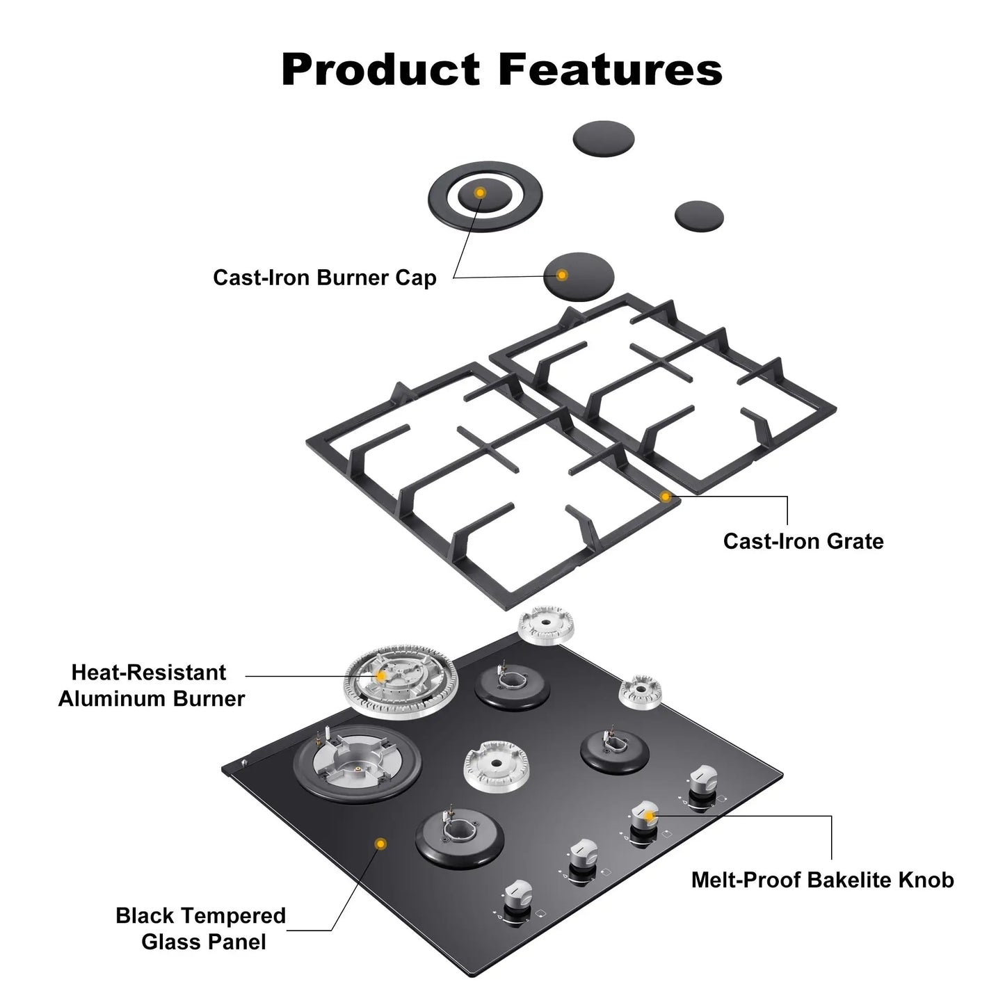 Tieasy 24 Inch 4 Burner Built-in Tempered Glass NG/LPG Convertible Thermocouple Protection Child lock Gas Cooktop GH003-244G