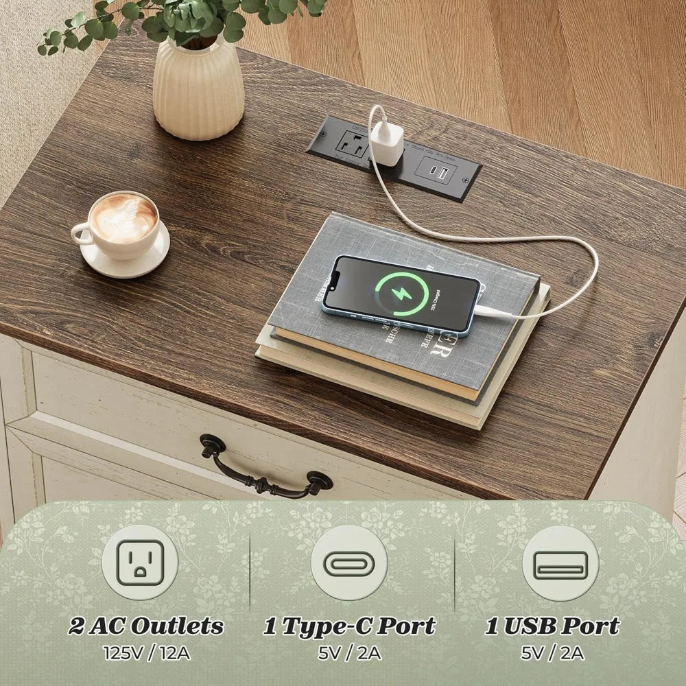 Nightstand With Charging Station 3 Drawer Set With Storage