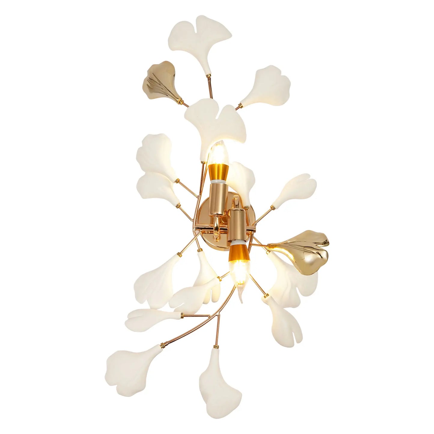 Ginkgo Leaf Wall Lamp 2-Light, Modern Gold Indoor Lighting Fixture E12 Base for Bedroom Living Room Hallway