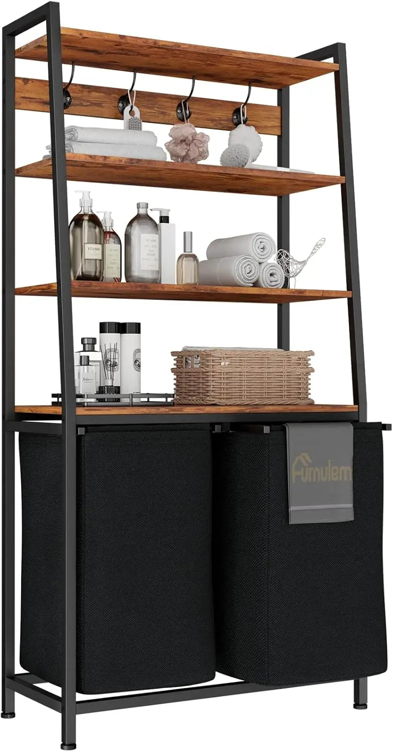 4-Tier Tall Laundry Hamper Sorter - 2 Removable Bags, Shelf & Hooks, Double Organizer for Bathroom & Bedroom