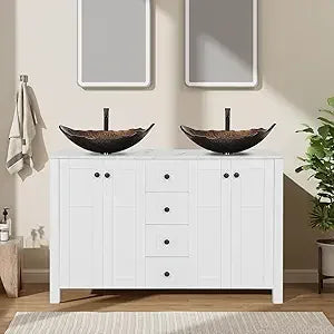 48" White Bathroom Vanity with Marble Texture Top and 4 Drawers, Modern Standing Pedestal Cabinet with Two Boat Silver Glass Ves