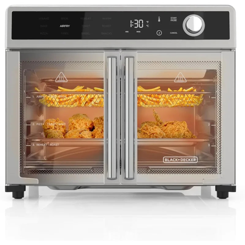 BLACK+DECKER Air Fryer Toaster Oven Combo, 12 in 1 Countertop Convection Oven,Fits a Whole Pizza or 6 Toast Slices, French Doors