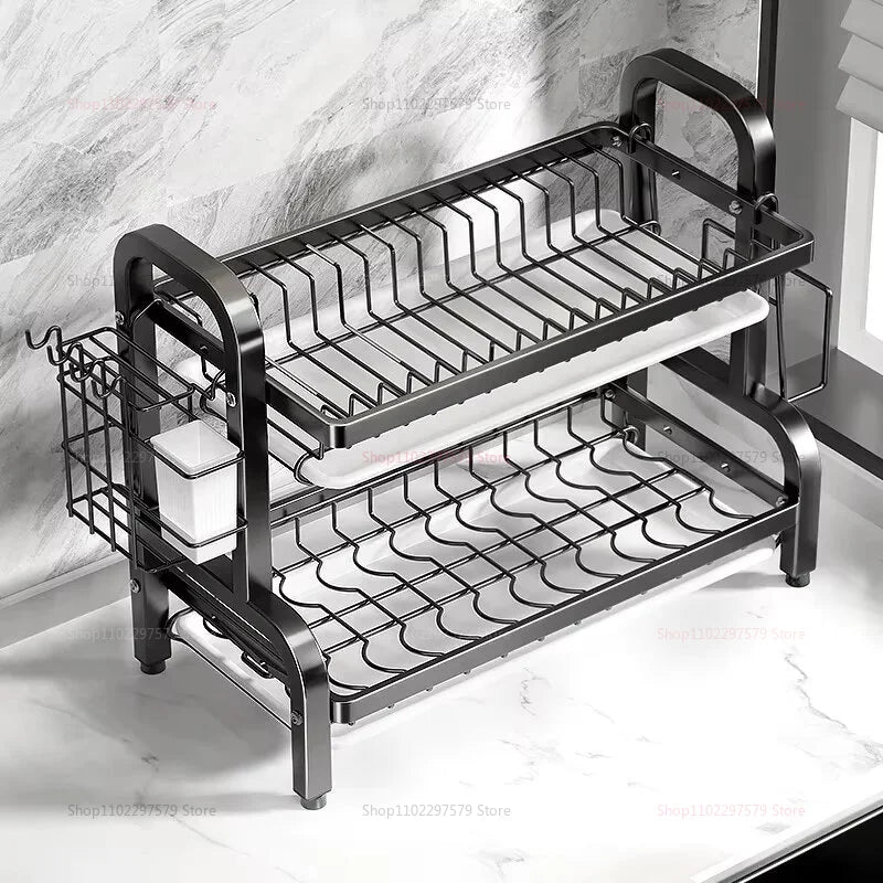 2-Tier Large Dish Drying Rack with Drainboard and Utensil Holder Rust-Proof Compact Kitchen Dish Drainer for Countertop Kitchen