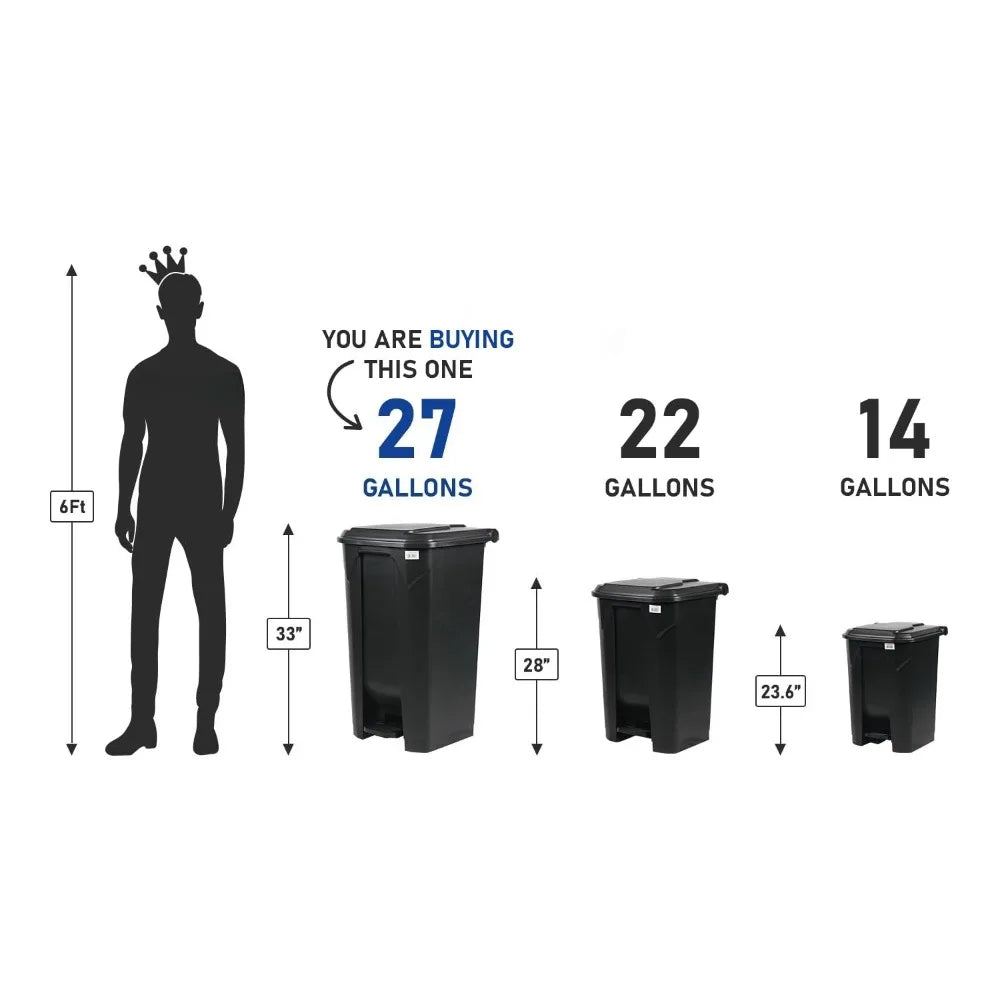 27 Gallon Step-On Trash Can/Container, Black Plastic Dustbin with Lid and Foot Pedal, Hands-Free Disposal