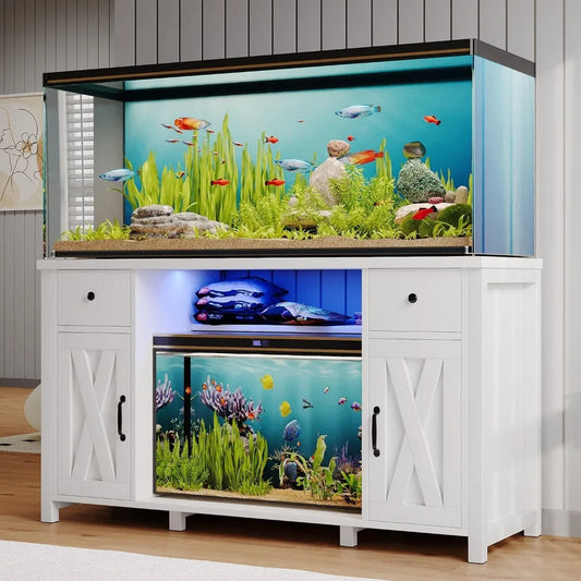75 Gallon Fish Tank Stand with Power Outlets & LED Light, Farmhouse Fish Tank Stand with 2 Drawers and 2 Barn Door, 55-75 Gallo