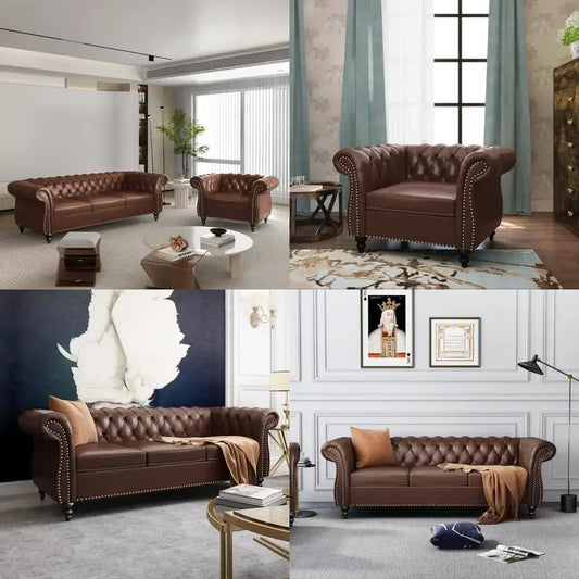chesterfield style leather sofa and loveseat set with scroll arms and nailhead trim for living room or office