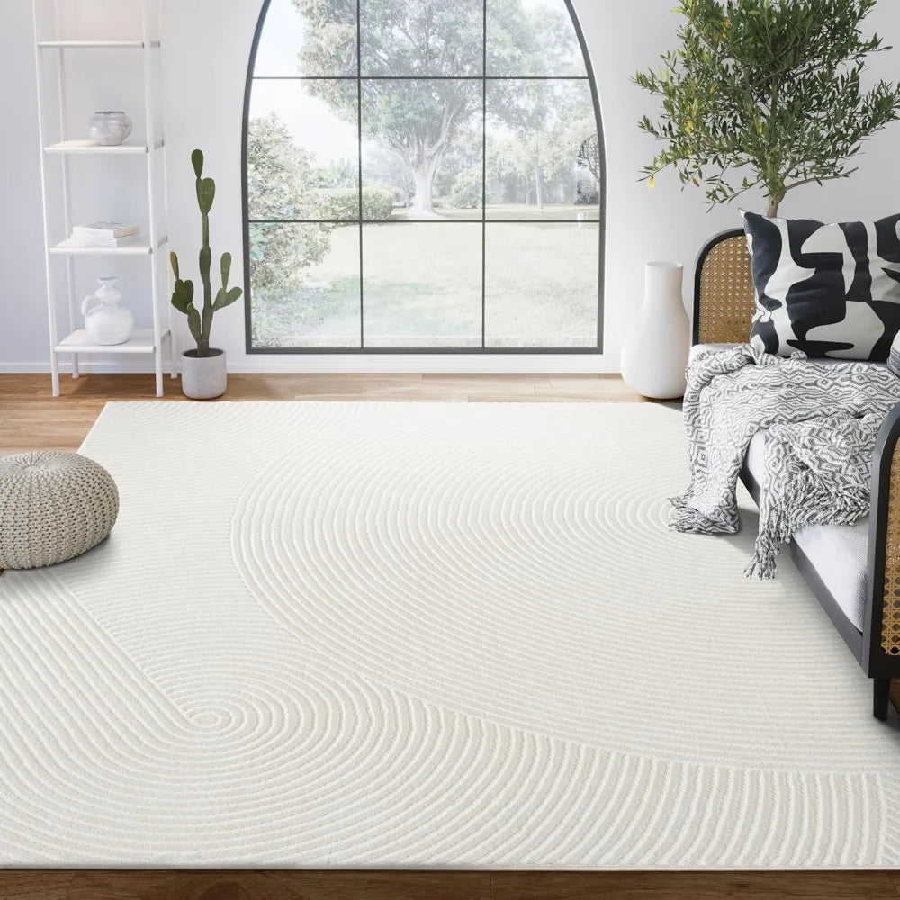 Cream Area Rug 8' x 10' for Living Room, Bedroom - Zen Reiki Circles Pattern - Durable & Easy to Clean