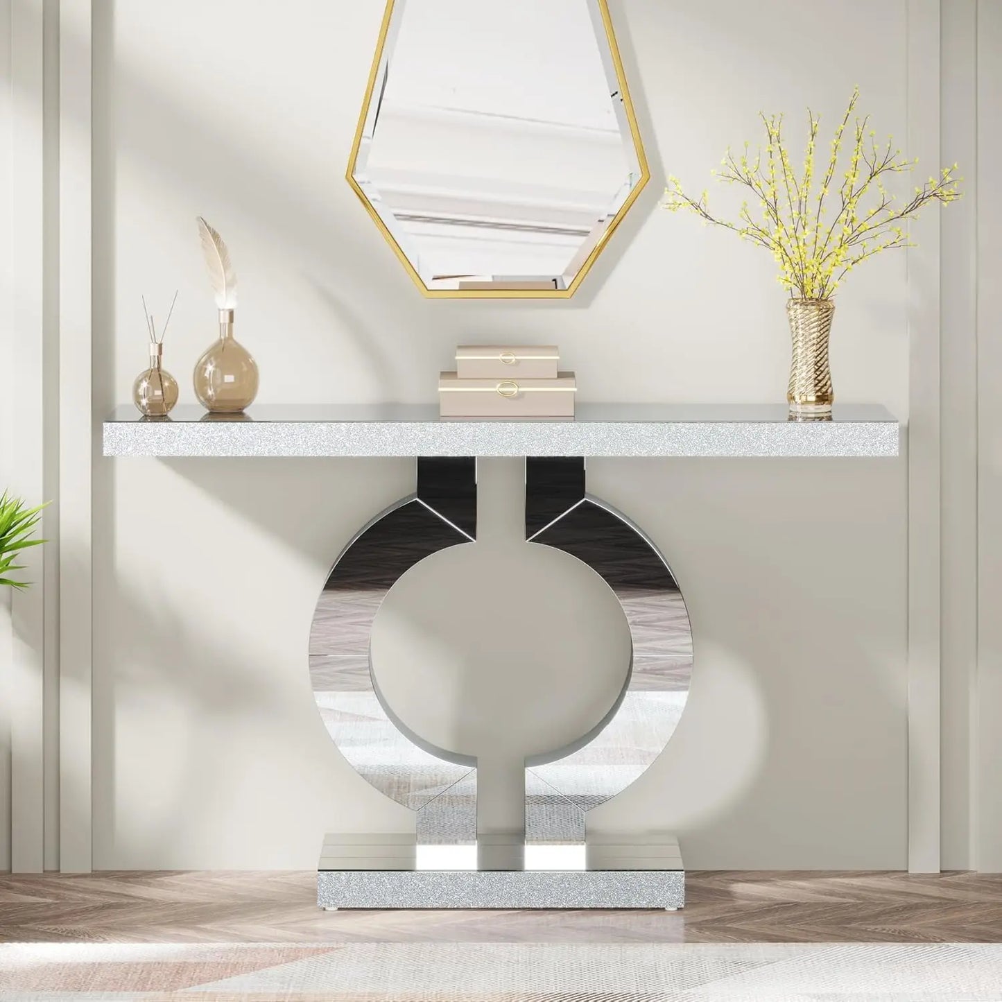 Tribesigns 43.3-Inch (110cm)Mirrored Console Table, Modern Entryway Table with Thickened Mirror Finish Tabletop