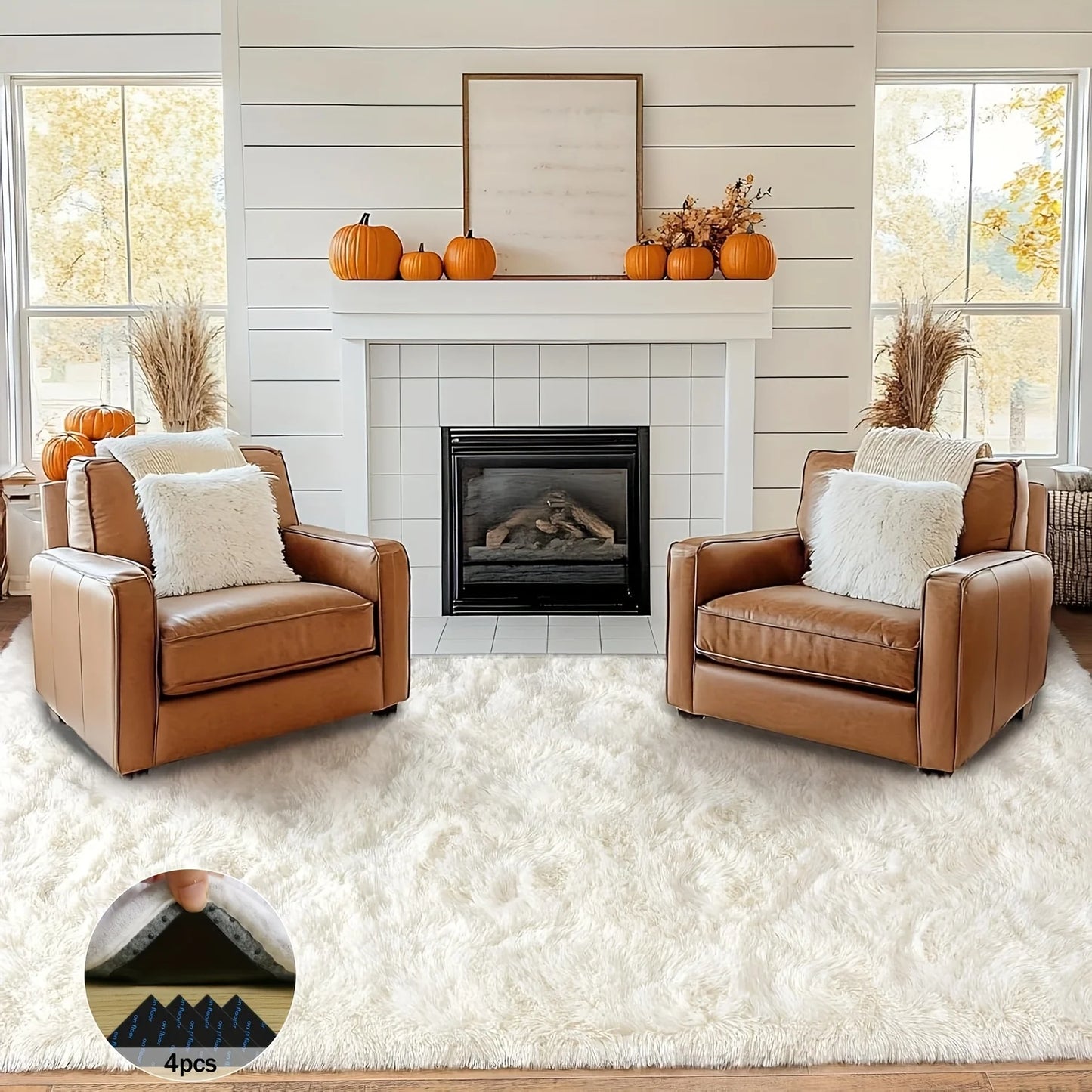 Off-White Soft Shaggy Non-Slip Rugs for Living Room/Bedroom/Nursery – Luxury Plush Carpet with 4 Rug Stickers, Ideal Room Decor