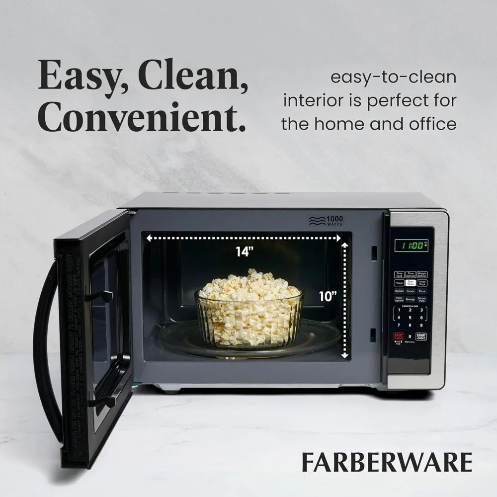 Farberware 1.1 Cu. Ft. Countertop Microwave Oven 1000 Watts Power, Auto Cook Settings Defrost Easy Clean and Child Safety Lock