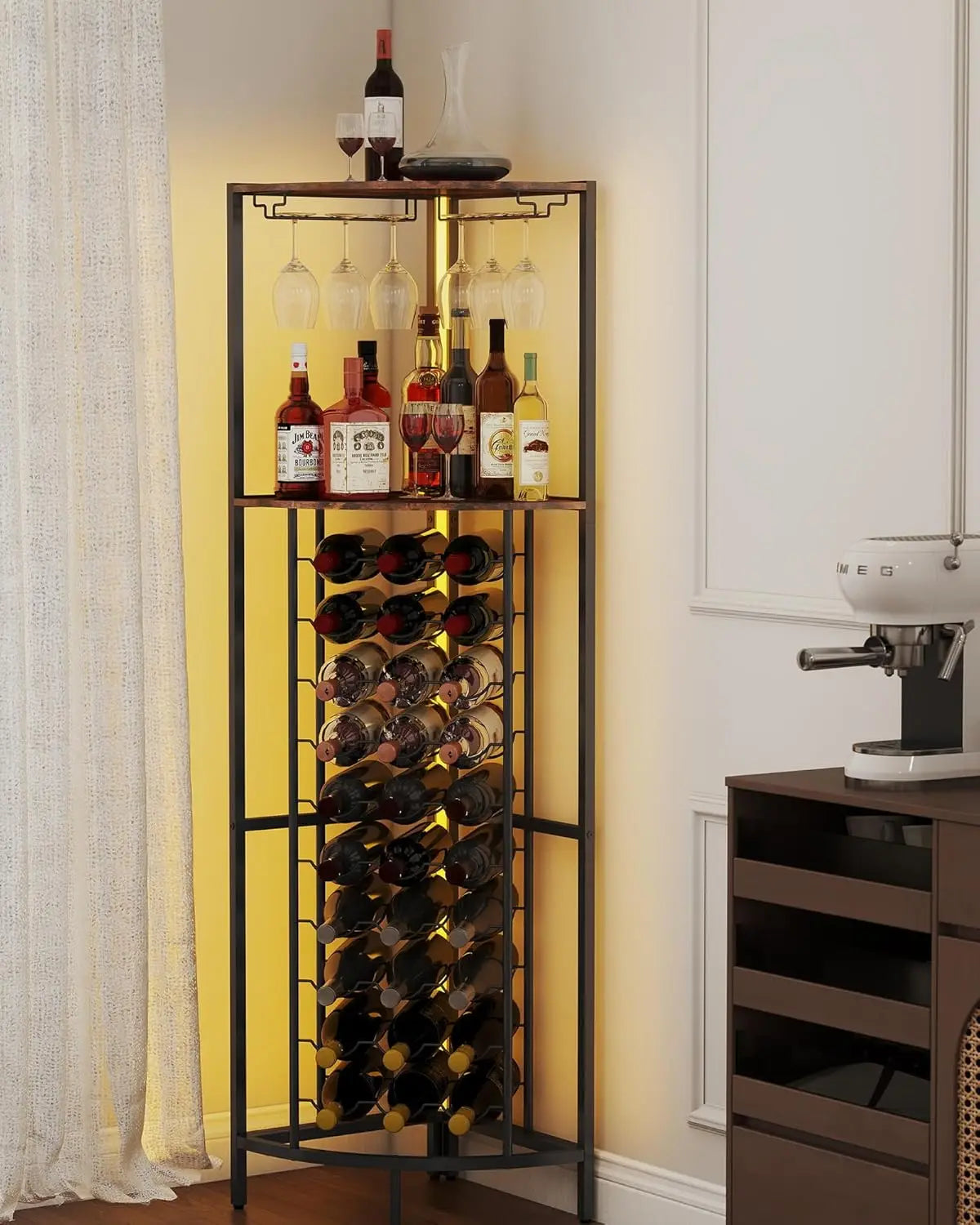 30-Bottle Corner Wine Cabinet with LED Lights, Glass Rack for Home Bar in Living Room Kitchen