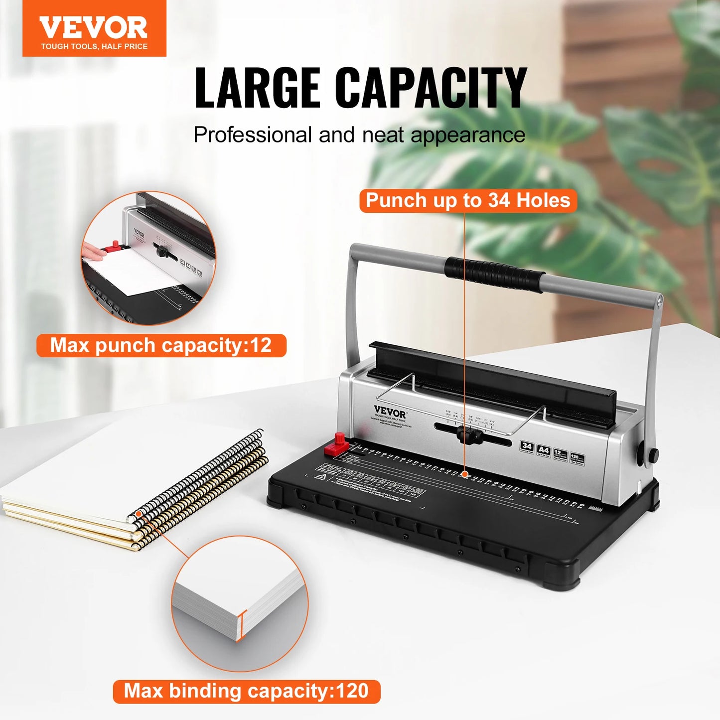 SucceBuy Coil Spiral Binding Machine Manual Book Maker 34-Holes Binding 120 Sheets Punch Binder w/ Adjustable Coil Binding Spine