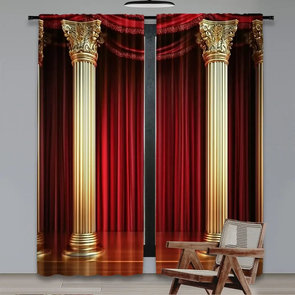 2Pcs Red Curtains With Golden Pillars Pattern Curtains For Window Decoration Suitable For All Seasons For Bedrooms Kitchens