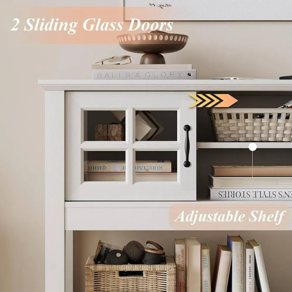 46“ Console Table with Sliding Glass Doors, Coffee Bar, Modern Entryway Table with Storage Shelf, Sofa Table Behind Couch, Buff