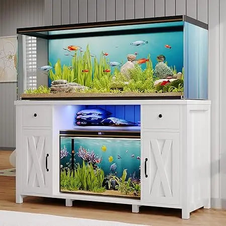 75 Gallon Fish Tank Stand with Power Outlets & LED Light, Farmhouse Fish Tank Stand with 2 Drawers and 2 Barn Door, 55-75 Gallo