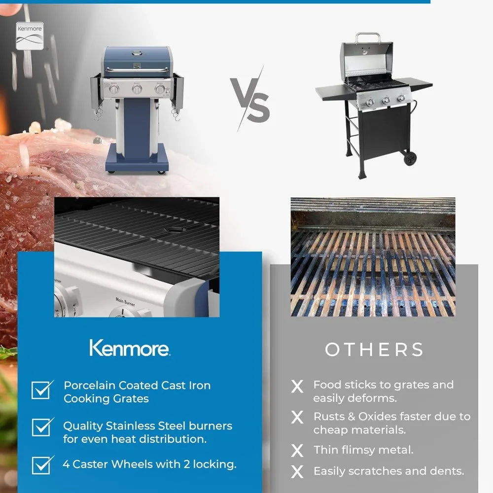 Three Burner Propane BBQ Grill With Cast Iron Grates