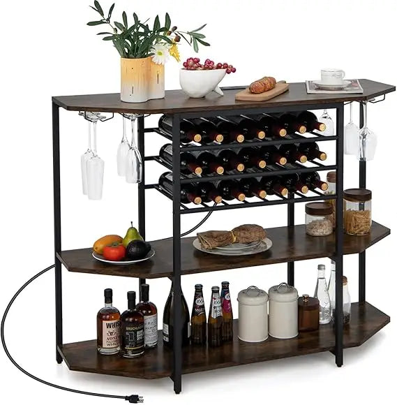 Bar Table Cabinet with Power Outlet & USB Port, 21 Bottle Wine Rack & Glass Holder, 3 Tier Mini Coffee Bar Stand for Liquor, In
