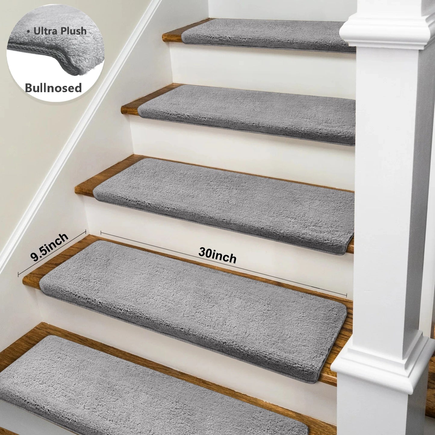 Bullnose Non-Slip Stair Treads -Ultra Plush- Washable Self-Adhesive Carpet Mats, Safety for Elderly & Pets, Peel & Stick Decor