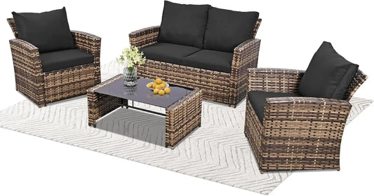 Outdoor Patio Wicker Furniture Set With Cushions And Table