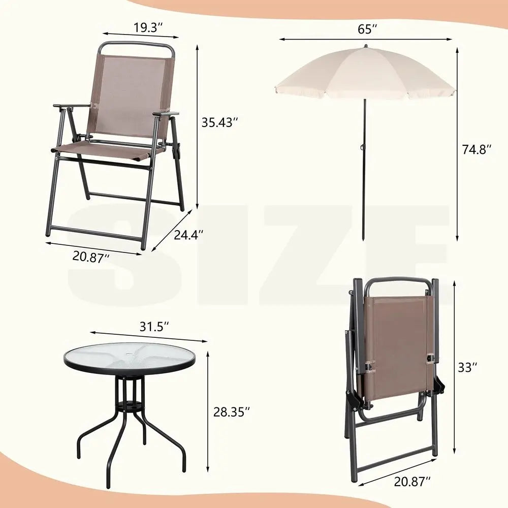 6 Pieces Folding Patio Dining Set, All Weather Small Metal Outdoor Table and Chair Set, Garden Patio Furniture Set w Umbrella,