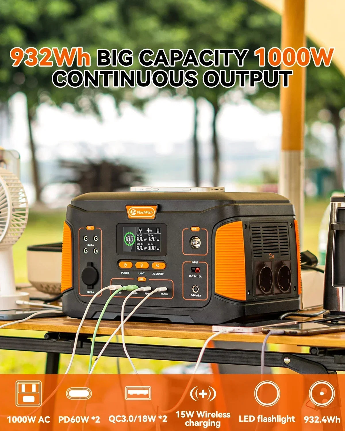 932.4Wh 1000W Portable Power Station Solar Generator Battery with Solar Panel 100W Complete Kit for Home Camping EV RV Trip