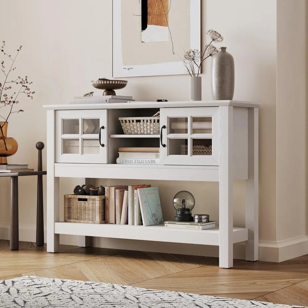 46“ Console Table with Sliding Glass Doors, Coffee Bar, Modern Entryway Table with Storage Shelf, Sofa Table Behind Couch, Buff