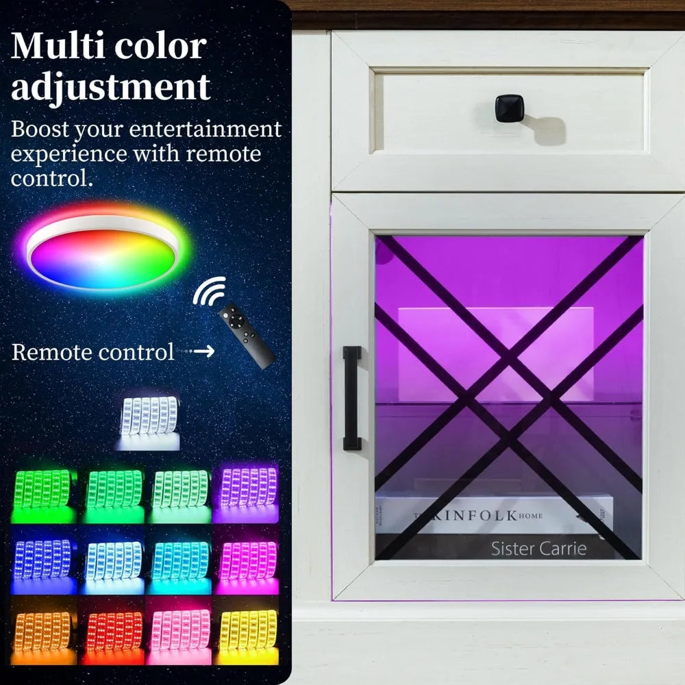 70" Fireplace TV Stand for TVs Up to 80" with 34" Electric Fireplace, Modern Entertainment Center with LED Lights and Glass Door