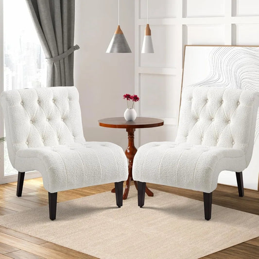 Armless Teddy Accent Chair Set of 2, Upholstered Lounge Chair with Wood Legs, Comfy Reading Chairs for Living Room & Bedroom