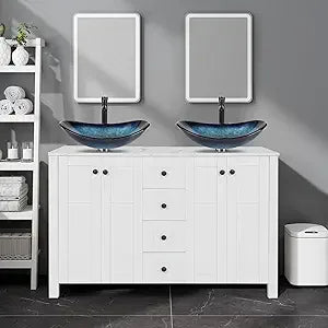 48" White Bathroom Vanity with Marble Texture Top and 4 Drawers, Modern Standing Pedestal Cabinet with Two Boat Silver Glass Ves
