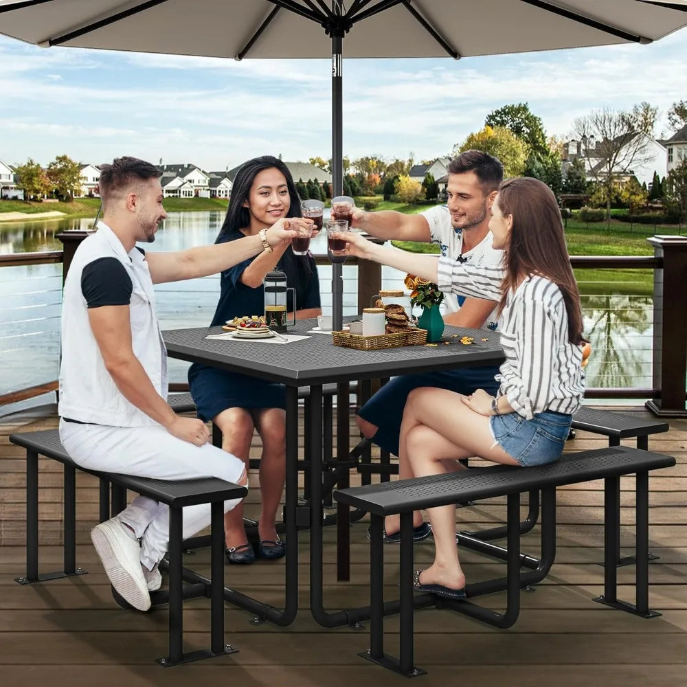 Heavy Duty Steel Picnic Table for 8, Coated Outdoor Picnic Table w/Sturdy Steel Frame & Umbrella Hole for Yard Patio Lawn Party