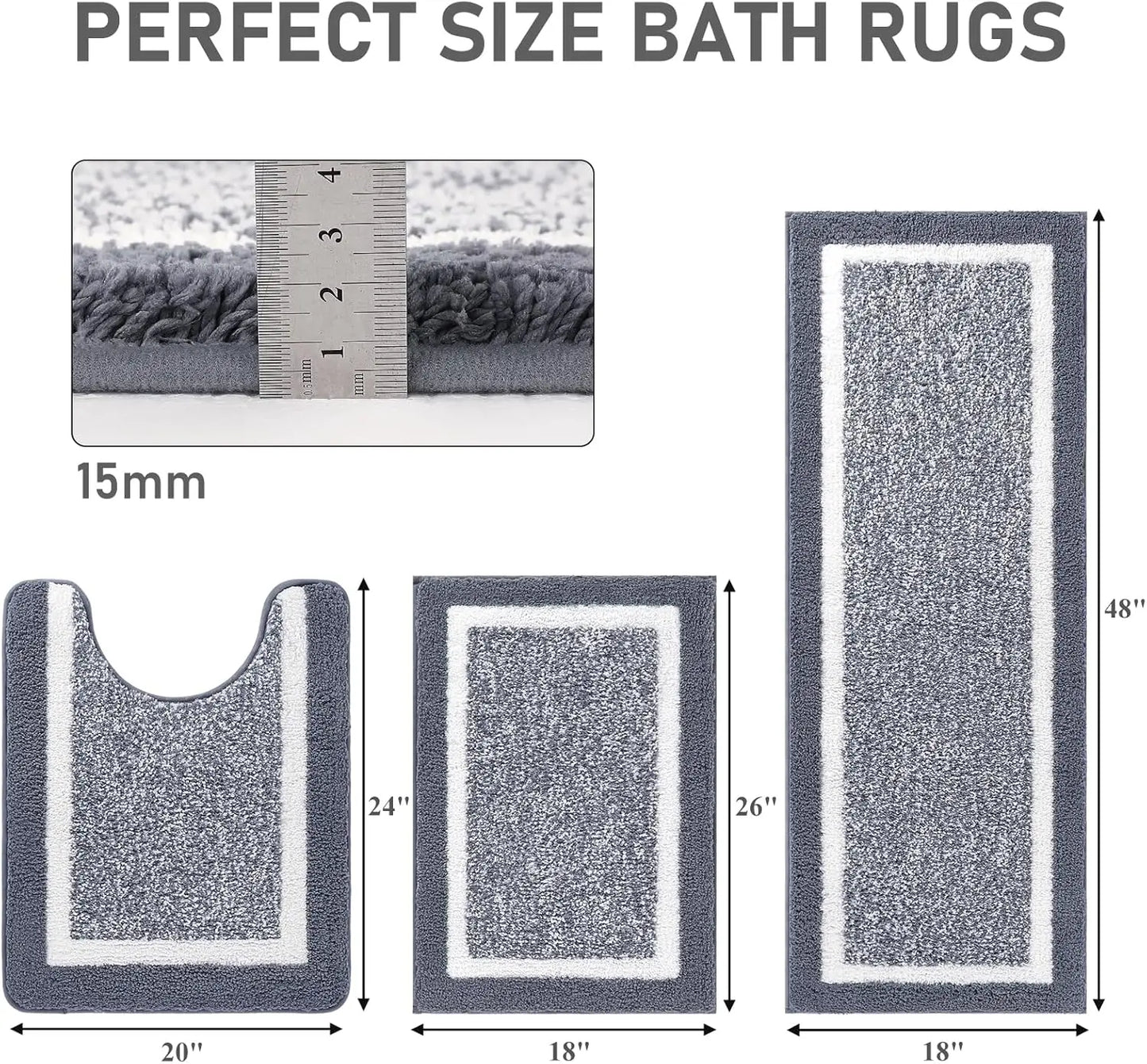 3-Piece Microfiber Shaggy Bath Mat Set, Non-Slip Ultra Soft Absorbent Carpet for Bathroom Tub Shower, Dark Grey
