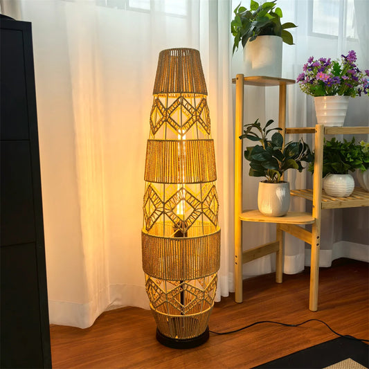 Woven Rattan Floor Lamp, Rustic Tripod Corner Light w/ Remote & 3 Color Temperatures, Boho Night Light for Living Room Bedroom