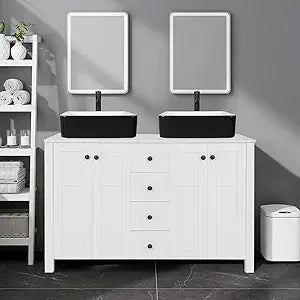 48" White Bathroom Vanity with Marble Texture Top and 4 Drawers, Modern Standing Pedestal Cabinet with Two Boat Silver Glass Ves