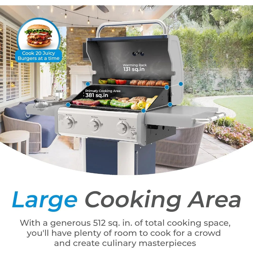 Three Burner Propane BBQ Grill With Cast Iron Grates