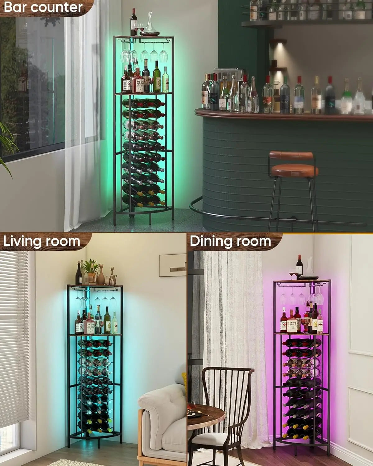 30-Bottle Corner Wine Cabinet with LED Lights, Glass Rack for Home Bar in Living Room Kitchen