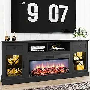 70" Fireplace TV Stand for TVs Up to 80" with 34" Electric Fireplace, Modern Entertainment Center with LED Lights and Glass Door
