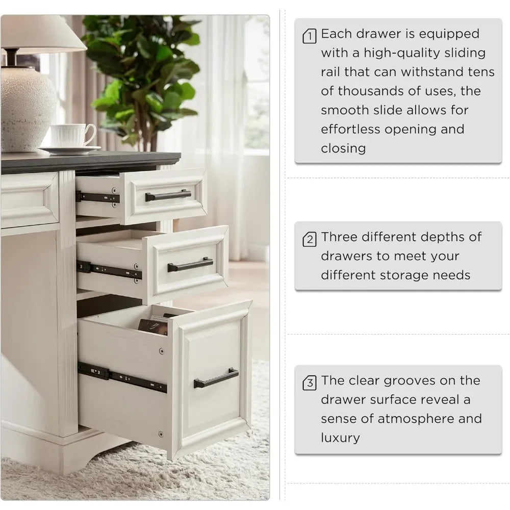 58" Executive Desk, Farmhouse Computer Desk with Drawers and Cabinet, Embossed Texture Home Office Desk, Workspace